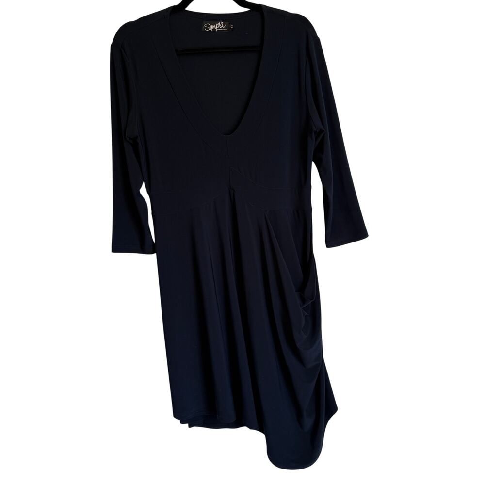 Sympli Sz 12 Liquid Knit Asymmetric Draped Tunic Top 3/4 Sleeve Lagenlook‎ Navy
